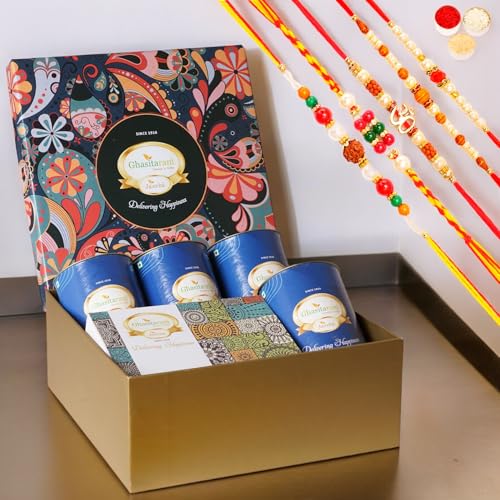 Ghasitaram Gifts Jaiccha Rakhi for Brother Ghasitaram Big Hamper box of 4 dryfruit Cans and Mewa Bites with 5 Rakhi von Jaiccha