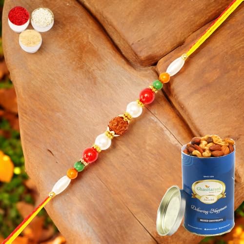 Ghasitaram Gifts Jaiccha Rakhi for Brother Rakhis Online 6155- Rudraksh Rakhi with 100 gms of Dryfruits Mix Can von Jaiccha