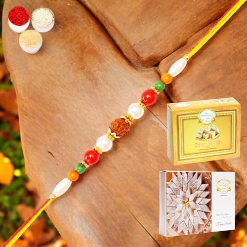 Ghasitaram Gifts Jaiccha Rakhi for Brother Rakhis Online 6155- Rudraksh Rakhi with 200 gms of Kaju katli and 200 gms of Soan Papdi von Jaiccha