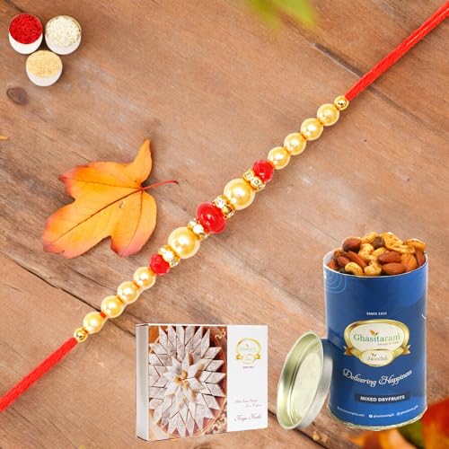 Ghasitaram Gifts Jaiccha Rakhi for Brother Rakhis Online 6210 Pearl Rakhi with 100 gms of Dryfruits Mix Can 200 gms of Kaju katli von Jaiccha