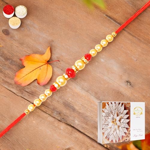 Ghasitaram Gifts Jaiccha Rakhi for Brother Rakhis Online 6210 Pearl Rakhi with 400 gms of Kaju katli von Jaiccha