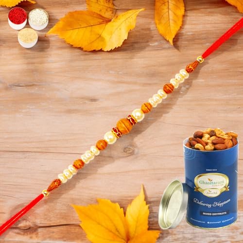 Ghasitaram Gifts Jaiccha Rakhi for Brother Rakhis Online 6222- Pearl Rakhi with 100 gms of Dryfruits Mix Can von Jaiccha