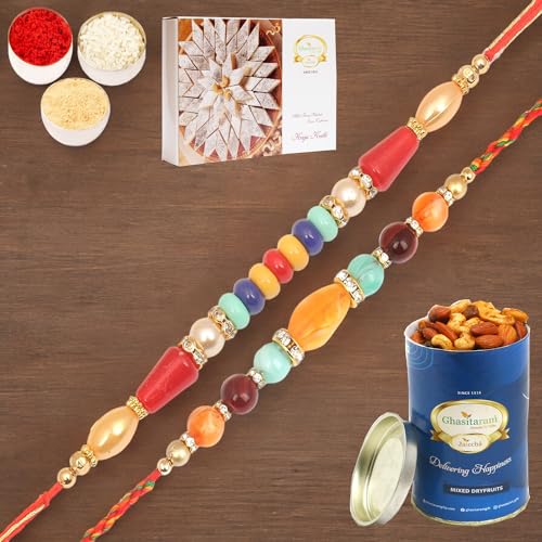 Ghasitaram Gifts Jaiccha Rakhi for Brother Rakhis Online - 6959,8650 Fancy Thread Rakhi with 100 gms of Dryfruits Mix Can 200 gms of Kaju katli von Jaiccha