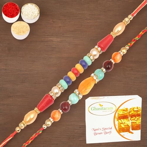 Ghasitaram Gifts Jaiccha Rakhi for Brother Rakhis Online - 6959,8650 Fancy Thread Rakhi with 200 gms of Besan Barfi von Jaiccha