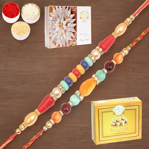 Ghasitaram Gifts Jaiccha Rakhi for Brother Rakhis Online - 6959,8650 Fancy Thread Rakhi with 200 gms of Kaju katli and 200 gms of Soan Papdi von Jaiccha