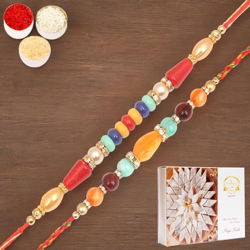 Ghasitaram Gifts Jaiccha Rakhi for Brother Rakhis Online - 6959,8650 Fancy Thread Rakhi with 200 gms of Kaju katli von Jaiccha