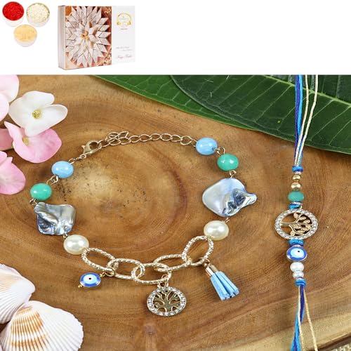 Ghasitaram Gifts Jaiccha Rakhi for Brother Rakhis Online BRS24-027- Evil eye Tree of Life Bhaiya Bhabhi Rakhi with 200 gms of Kaju katli von Jaiccha