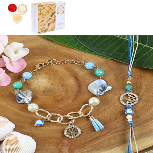 Ghasitaram Gifts Jaiccha Rakhi for Brother Rakhis Online BRS24-027- Evil eye Tree of Life Bhaiya Bhabhi Rakhi with 200 gms of Soan Papdi von Jaiccha