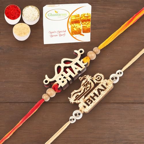 Ghasitaram Gifts Jaiccha Rakhi for Brother Rakhis Online - BW-5411 Wooden Bike Bhai and BW-5716 Wooden Handsome Bhai Rakhi with 400 gms of Besan Barfi von Jaiccha