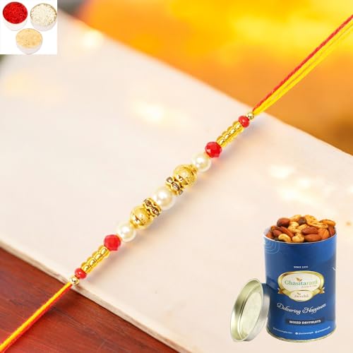 Ghasitaram Gifts Jaiccha Rakhi for Brother Rakhis Online GR-14 Pearl Rakhi with 100 gms of Dryfruits Mix Can von Jaiccha