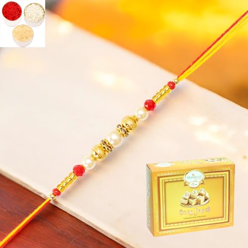 Ghasitaram Gifts Jaiccha Rakhi for Brother Rakhis Online GR-14 Pearl Rakhi with 200 gms of Soan Papdi von Jaiccha