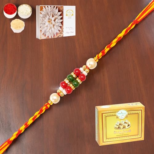 Ghasitaram Gifts Jaiccha Rakhi for Brother Rakhis Online GR 16 Pearl Rakhi with 200 gms of Kaju katli and 200 gms of Soan Papdi von Jaiccha