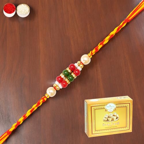 Ghasitaram Gifts Jaiccha Rakhi for Brother Rakhis Online GR 16 Pearl Rakhi with 200 gms of Soan Papdi von Jaiccha