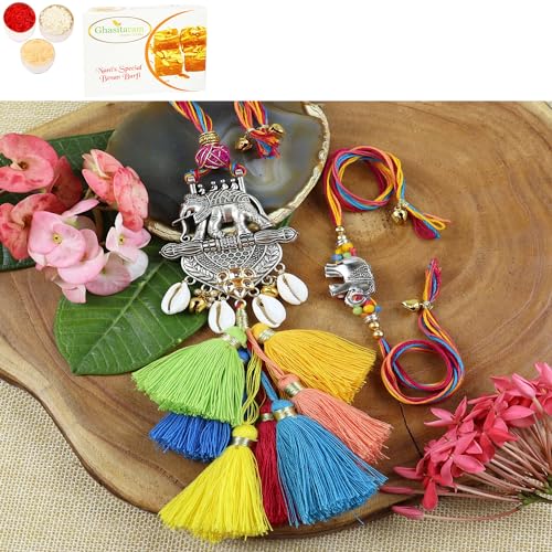 Ghasitaram Gifts Jaiccha Rakhi for Brother Rakhis Online LS24-003-Metal Elephant with Multi Tassel Bhaiya Bhabhi Rakhi with 400 gms of Besan Barfi von Jaiccha