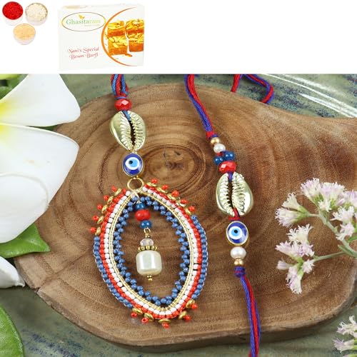 Ghasitaram Gifts Jaiccha Rakhi for Brother Rakhis Online LS24-026- Handbeaded Evil eye Bhaiya Bhabhi Rakhi with 400 gms of Besan Barfi von Jaiccha