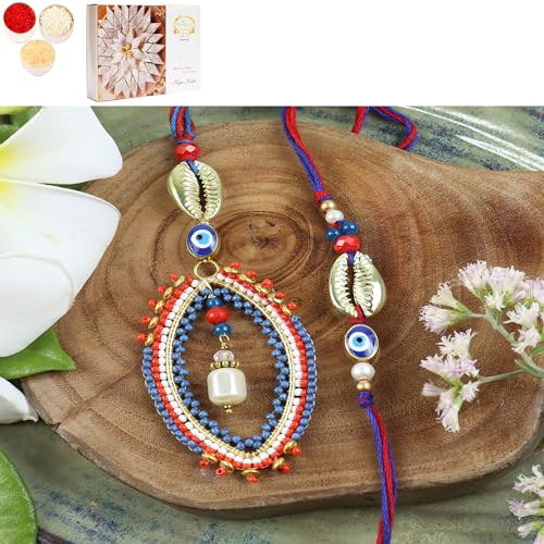 Ghasitaram Gifts Jaiccha Rakhi for Brother Rakhis Online LS24-026- Handbeaded Evil eye Bhaiya Bhabhi Rakhi with 400 gms of Kaju katli von Jaiccha