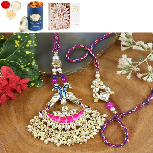 Ghasitaram Gifts Jaiccha Rakhi for Brother Rakhis Online LS24-045-Kundan Meenakari Bhaiya Bhabhi Rakhi with 100 gms of Dryfruits Mix Can 200 gms of Kaju katli von Jaiccha