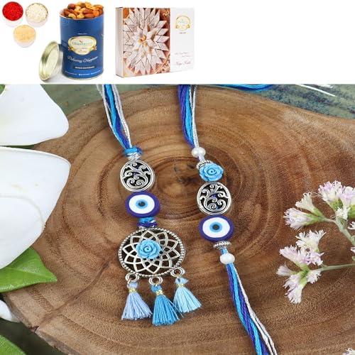 Ghasitaram Gifts Jaiccha Rakhi for Brother Rakhis Online LS24-065-Oxidized Evil eye Bhaiya Bhabhi Rakhi with 100 gms of Dryfruits Mix Can 200 gms of Kaju katli von Jaiccha