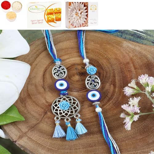 Ghasitaram Gifts Jaiccha Rakhi for Brother Rakhis Online LS24-065-Oxidized Evil eye Bhaiya Bhabhi Rakhi with 200 gms of Besan Barfi and 200 gms of Kaju Katli von Jaiccha