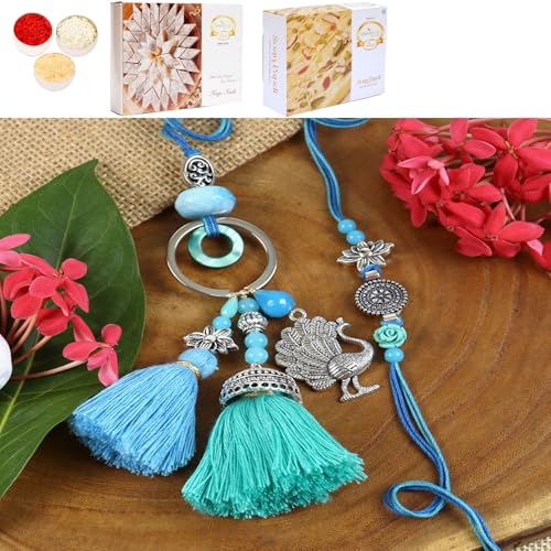 Ghasitaram Gifts Jaiccha Rakhi for Brother Rakhis Online LS24-088- Oxidized Peacock Bhaiya Bhabhi Rakhi with 200 gms of Kaju katli and 200 gms of Soan Papdi von Jaiccha