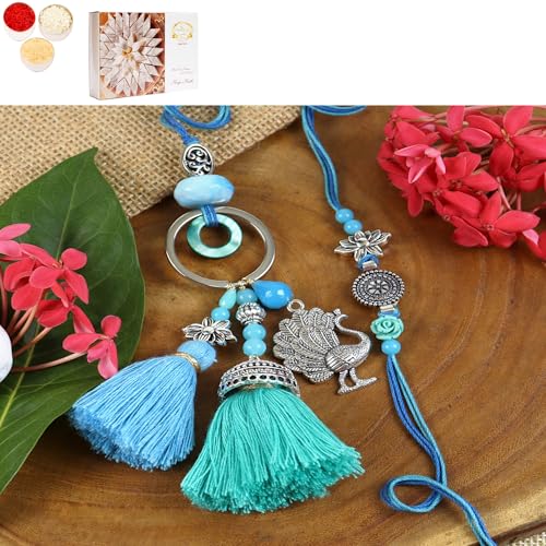 Ghasitaram Gifts Jaiccha Rakhi for Brother Rakhis Online LS24-088- Oxidized Peacock Bhaiya Bhabhi Rakhi with 200 gms of Kaju katli von Jaiccha