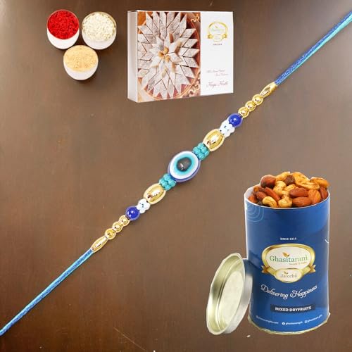 Ghasitaram Gifts Jaiccha Rakhi for Brother Rakhis Online N-156 Evil Eye Fancy Rakhi with 100 gms of Dryfruits Mix Can 200 gms of Kaju katli von Jaiccha