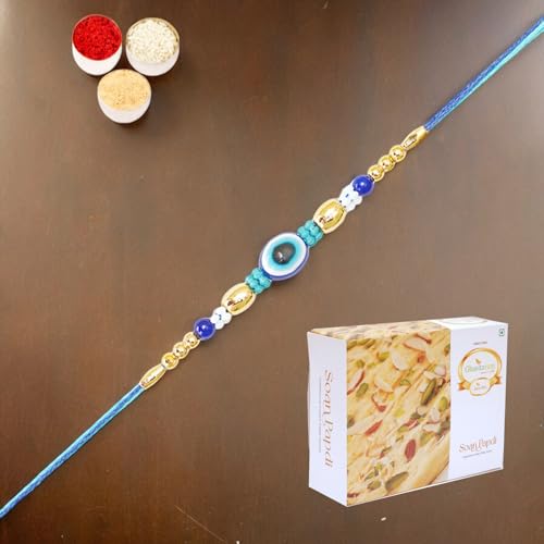 Ghasitaram Gifts Jaiccha Rakhi for Brother Rakhis Online N-156 Evil Eye Fancy Rakhi with 200 gms of Soan Papdi von Jaiccha