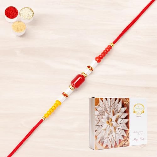 Ghasitaram Gifts Jaiccha Rakhi for Brother Rakhis Online N-31 Redbead Fancy Rakhi with 200 gms of Kaju katli von Jaiccha