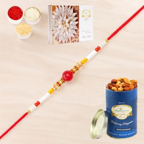 Ghasitaram Gifts Jaiccha Rakhi for Brother Rakhis Online N-413 Fancy Rakhi with 100 gms of Dryfruits Mix Can 200 gms of Kaju katli von Jaiccha