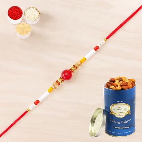 Ghasitaram Gifts Jaiccha Rakhi for Brother Rakhis Online N-413 Fancy Rakhi with 100 gms of Dryfruits Mix Can von Jaiccha