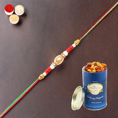 Ghasitaram Gifts Jaiccha Rakhi for Brother Rakhis Online N-704 Fancy Rakhi with 100 gms of Dryfruits Mix Can von Jaiccha