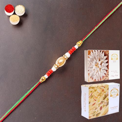 Ghasitaram Gifts Jaiccha Rakhi for Brother Rakhis Online N-704 Fancy Rakhi with 200 gms of Kaju katli and 200 gms of Soan Papdi von Jaiccha