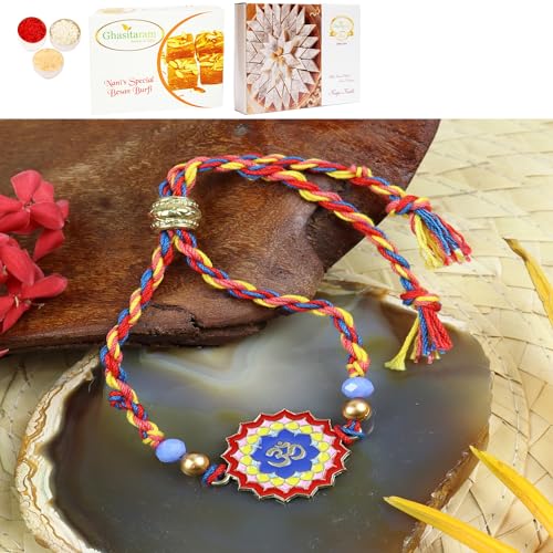 Ghasitaram Gifts Jaiccha Rakhi for Brother Rakhis Online PRK24-036 Metal Om Premium Rakhi with 200 gms of Besan Barfi and 200 gms of Kaju Katli von Jaiccha