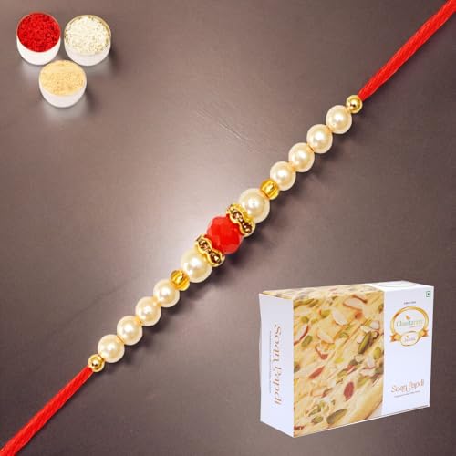 Ghasitaram Gifts Jaiccha Rakhi for Brother Rakhis Online R-0001 Pearl Rakhi with 200 gms of Soan Papdi von Jaiccha