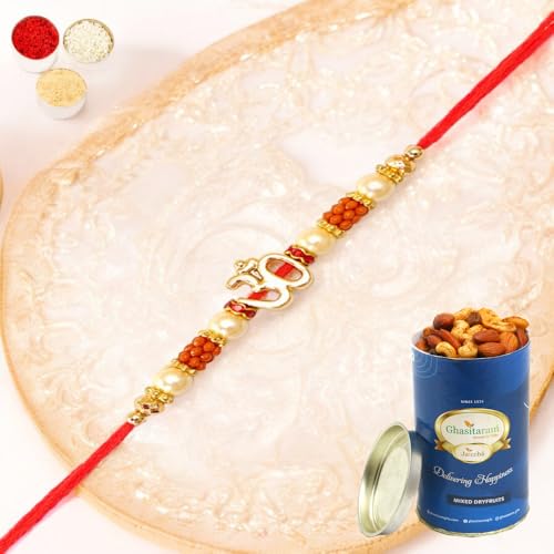 Ghasitaram Gifts Jaiccha Rakhi for Brother Rakhis Online R-2125 Om Rakhi Thread with 100 gms of Dryfruits Mix Can von Jaiccha