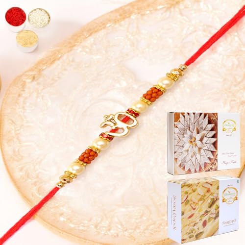 Ghasitaram Gifts Jaiccha Rakhi for Brother Rakhis Online R-2125 Om Rakhi Thread with 200 gms of Kaju katli and 200 gms of Soan Papdi von Jaiccha