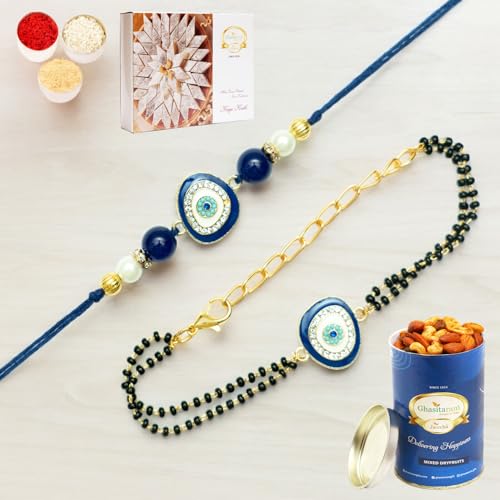 Ghasitaram Gifts Jaiccha Rakhi for Brother Rakhis Online Rmj- 5012 Bhaiya Bhabhi Rakhis with 100 gms of Dryfruits Mix Can 200 gms of Kaju katli von Jaiccha