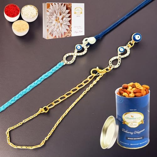 Ghasitaram Gifts Jaiccha Rakhi for Brother Rakhis Online Rmj-6012 Evil Eye Bhaiya Bhabhi Rakhis with 100 gms of Dryfruits Mix Can 200 gms of Kaju katli von Jaiccha