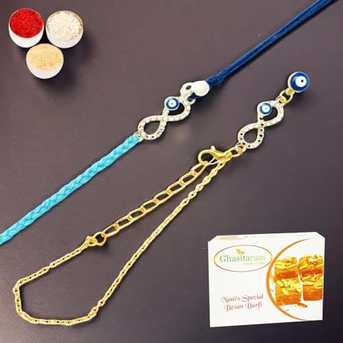 Ghasitaram Gifts Jaiccha Rakhi for Brother Rakhis Online Rmj-6012 Evil Eye Bhaiya Bhabhi Rakhis with 200 gms of Besan Barfi von Jaiccha