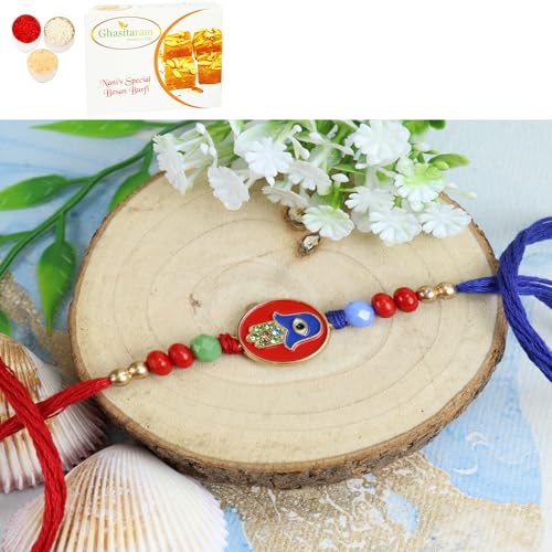 Ghasitaram Gifts Jaiccha Rakhi for Brother Rakhis Online ST23-161 Evil Eye Premium Rakhi with 400 gms of Besan Barfi von Jaiccha