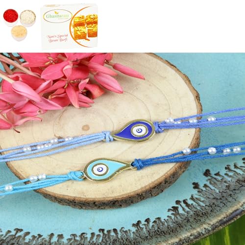 Ghasitaram Gifts Jaiccha Rakhi for Brother Rakhis Online ST24-023- Set of 2 Evil Eye Rakhis with 200 gms of Besan Barfi von Jaiccha