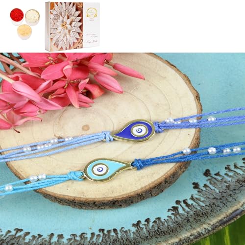 Ghasitaram Gifts Jaiccha Rakhi for Brother Rakhis Online ST24-023- Set of 2 Evil Eye Rakhis with 200 gms of Kaju katli von Jaiccha