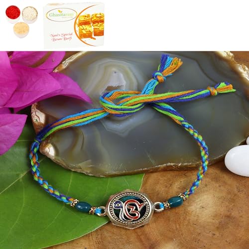 Ghasitaram Gifts Jaiccha Rakhi for Brother Rakhis Online ST24-106 ekomkar Peacock Premium Rakhi with 400 gms of Besan Barfi von Jaiccha