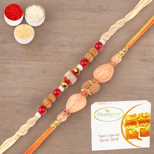 Ghasitaram Gifts Jaiccha Rakhi for Brother Rakhis Online - Set of 2-1889,AV5919 Fancy Thread Rakhi with 400 gms of Besan Barfi von Jaiccha