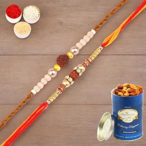 Ghasitaram Gifts Jaiccha Rakhi for Brother Rakhis Online - Set of 2-1908, Nbh-252 Rudraksh Rakhi with 100 gms of Dryfruits Mix Can von Jaiccha