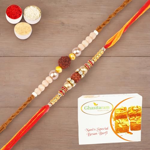 Ghasitaram Gifts Jaiccha Rakhi for Brother Rakhis Online - Set of 2-1908, Nbh-252 Rudraksh Rakhi with 200 gms of Besan Barfi von Jaiccha