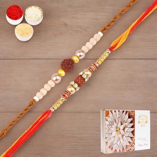 Ghasitaram Gifts Jaiccha Rakhi for Brother Rakhis Online - Set of 2-1908, Nbh-252 Rudraksh Rakhi with 200 gms of Kaju katli von Jaiccha