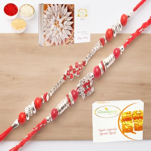 Ghasitaram Gifts Jaiccha Rakhi for Brother Rakhis Online - Set of 2-333, 8983 diamond Rakhi with 200 gms of Besan Barfi and 200 gms of Kaju Katli von Jaiccha