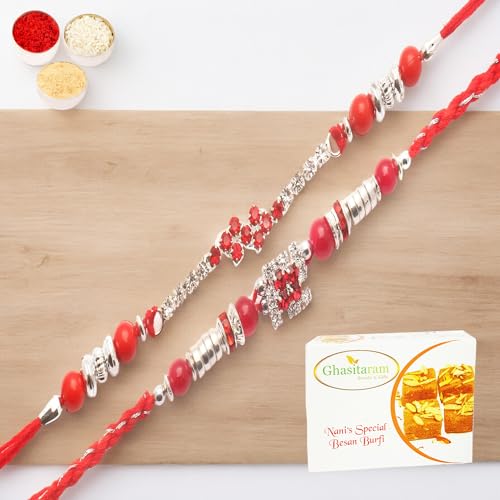 Ghasitaram Gifts Jaiccha Rakhi for Brother Rakhis Online - Set of 2-333, 8983 diamond Rakhi with 200 gms of Besan Barfi von Jaiccha