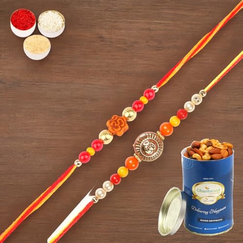 Ghasitaram Gifts Jaiccha Rakhi for Brother Rakhis Online - Set of 2-6074, 6042 Thread Rakhi with 100 gms of Dryfruits Mix Can von Jaiccha